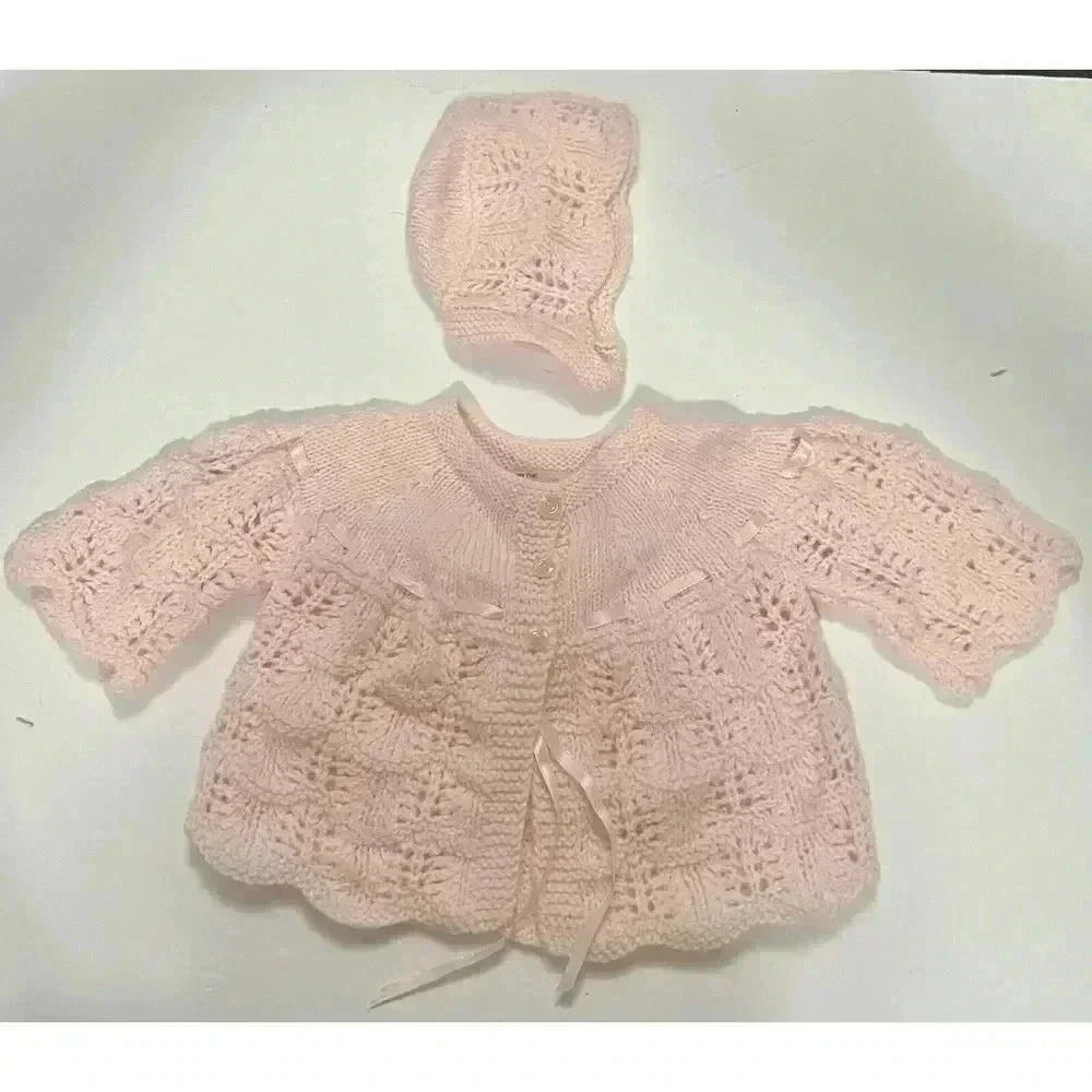 Handmade Knitted Baby Sweater Set With Hat Pink Jerene Bartle
